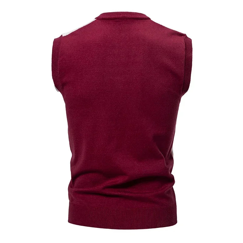 New Knitted Thread Men's Fashion Embroidery Color Matching V-neck Sleeveless Sweater Casual Lining Vest Men's Top