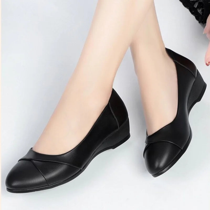 Women Fashion Light Weight Wedge Heel Comfort Spring & Autumn Shoes Lady Casual Sweet Home & Outside Black Leather Pumps E1419