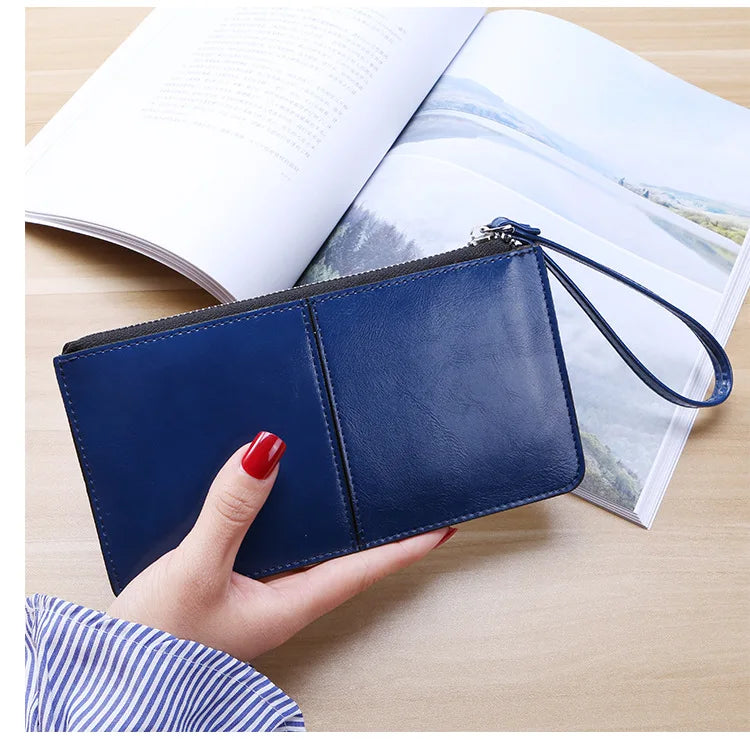 Women's Vintage Oil Wax Leather Zipper Clutch Wallet Female Large Capacity Coin Purse Ladies Wristband Simple Card Holder Wallet