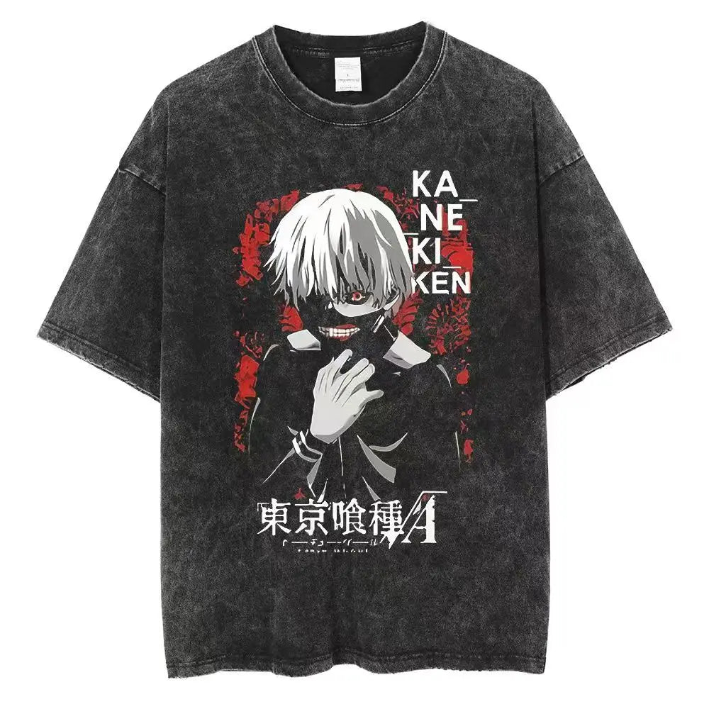 Anime Tokyo Ghoul Harajuku Japanese Anime Streetwear Graphic Shirts Summer Short Sleeve Cotton Tshirt Print Vintage Washed Shirt