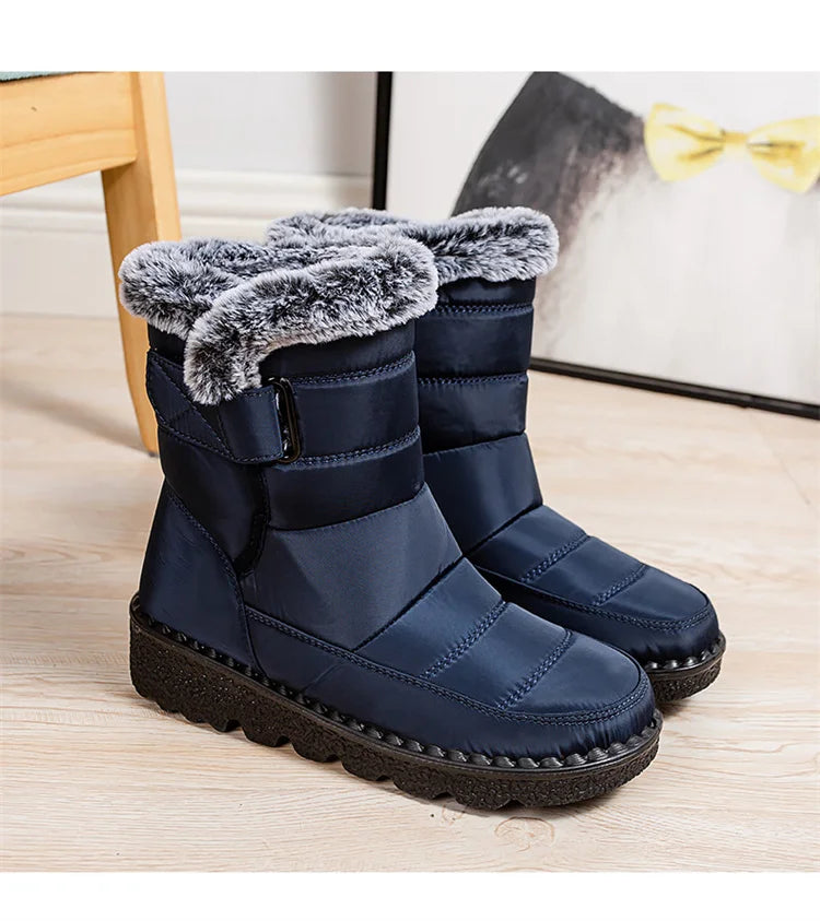 Msfilia Women Autumn Winter Rabbit Fur High Barrel Warm Velcro Waterproof Snow Boots