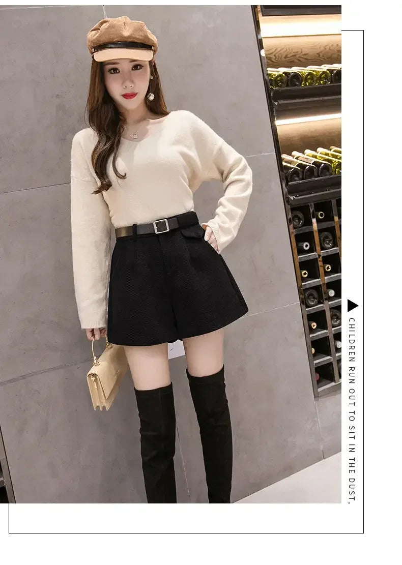 2024 New Women's Woolen Shorts A-line Loose High-Waisted Casual Thick Boots Pants for Autumn Winter Comfortable Bootcut Black