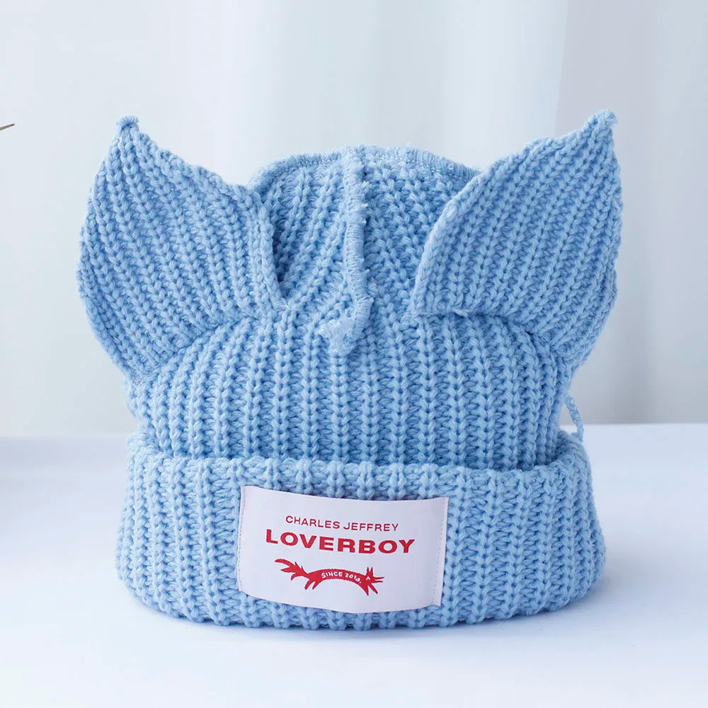 2023 Loverboy Cat Ear Knit Hat solid Warm Pig Ear Woolen Hat Cute Fashion Hooded Cap Niche Design Hip-hop Personality Cold Hat