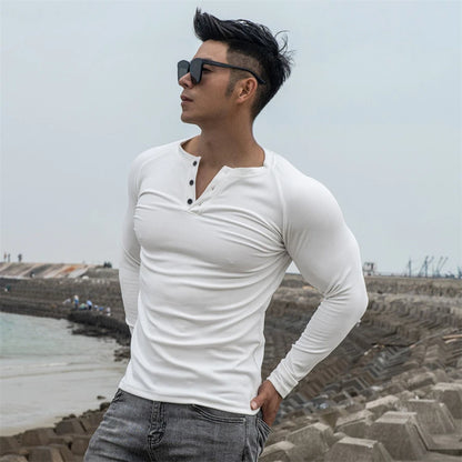 Casual Long sleeve Cotton T-shirt Men Gym Fitness Bodybuilding Workout Slim t shirt Male Solid Tee Tops Sport Training Clothing