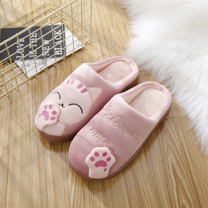 Women Home Slippers Winter Cartoon Cat Slippers Anti Slip Soft Warm Plush Indoor House Slippers Bedroom Couples Floor Shoes