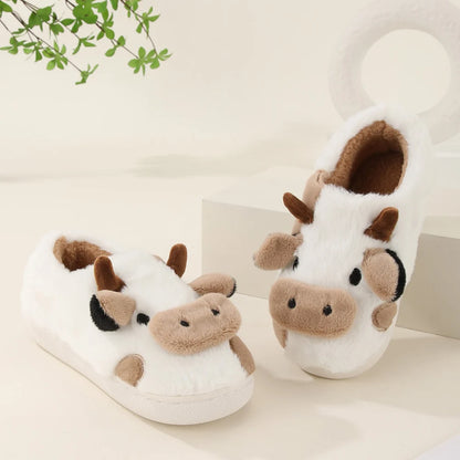 New Winter Unisex Cartoon Cow Warm Plush Slippers Couple's Indoor Non-slip House Slides Men And Women Toe Wrap Home Cotton Shoes