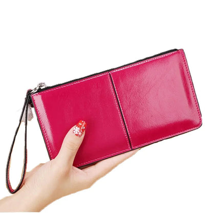 Women's Vintage Oil Wax Leather Zipper Clutch Wallet Female Large Capacity Coin Purse Ladies Wristband Simple Card Holder Wallet