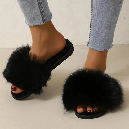 New Woman Slippers Winter Simple Word Fur Flats Soft Home Women Slippers Faux Fur Warm Bedroom Leisure Female Shoes