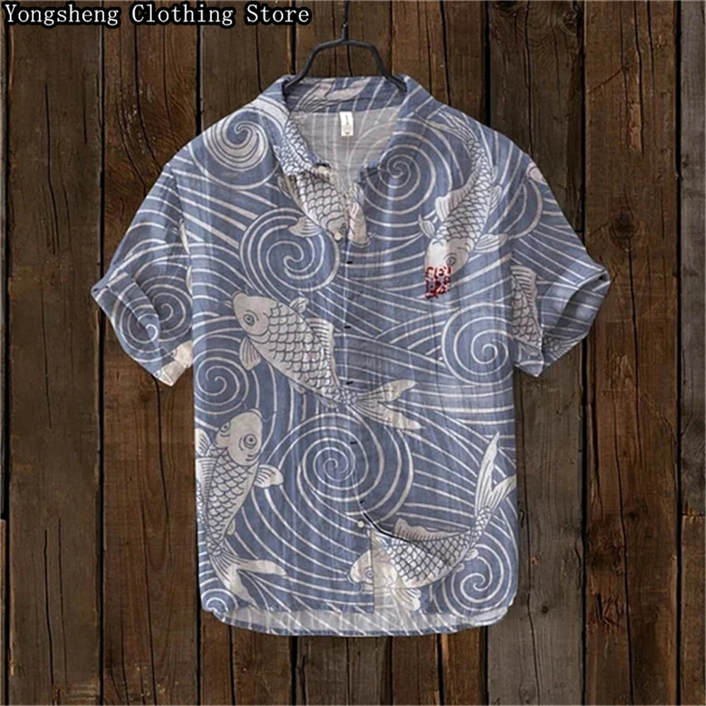 Men's Short Sleeve Linen Printed Shirt 2024 Japan Hot Selling Carp Print Holiday Daily Casual Wear Large Size XS-5XL