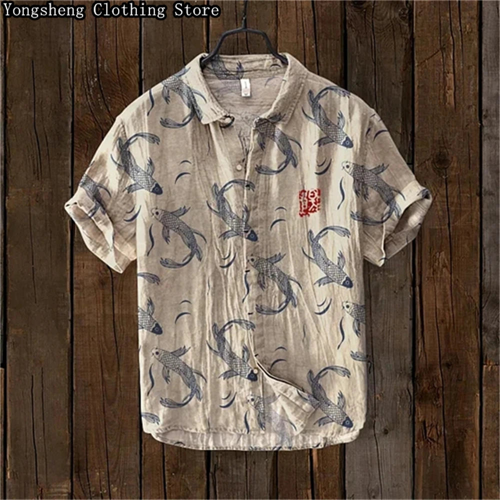 Men's Short Sleeve Linen Printed Shirt 2024 Japan Hot Selling Carp Print Holiday Daily Casual Wear Large Size XS-5XL