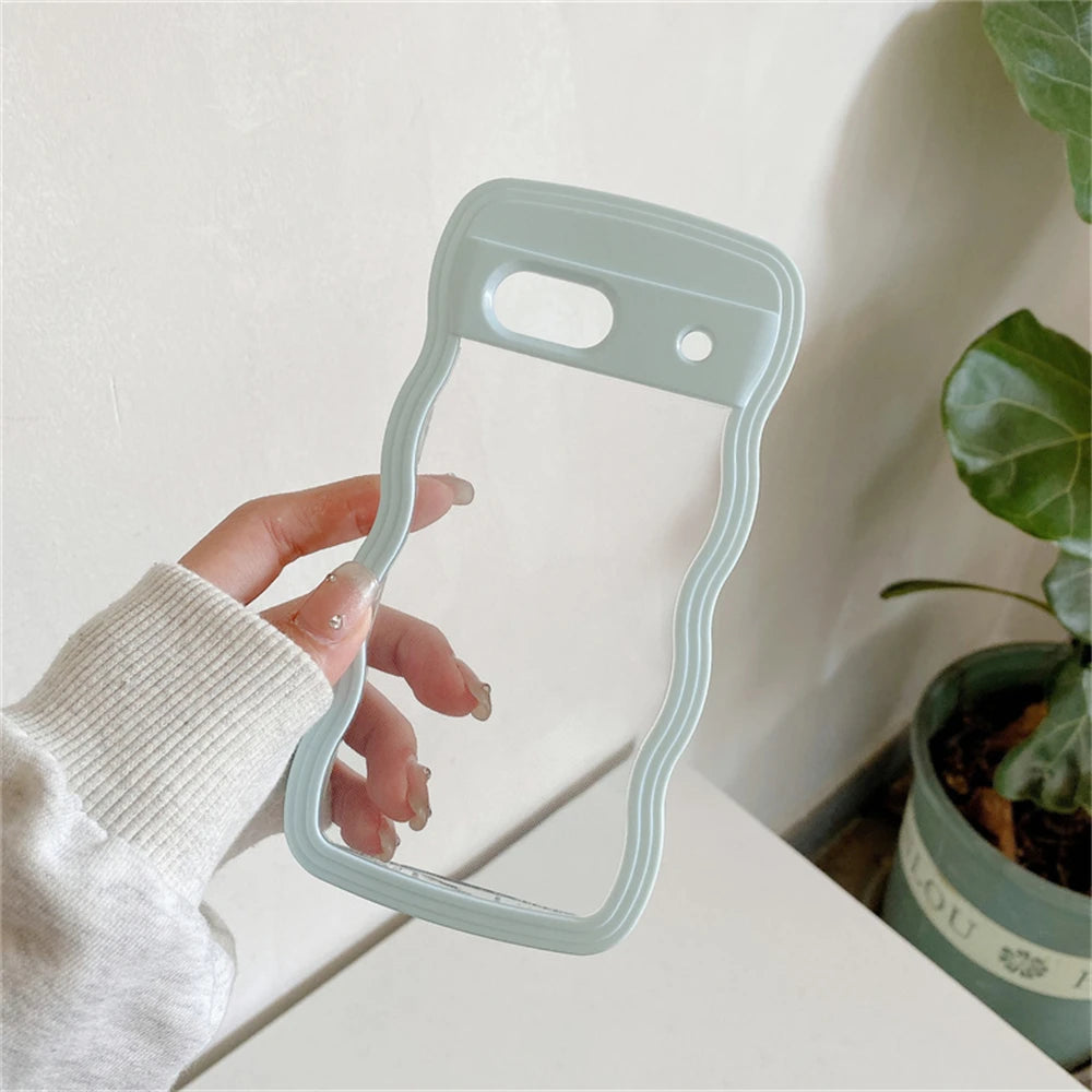 2IN1 Cute Curly Wavy Transparent Phone Case For Google Pixel 8A Korean Candy Color Shockproof Hard Cover For Google Pixel 7A