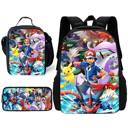 3 pcs set Cute Anime Pikachus Gengars Child School Backpack with Lunch Bags ,Pencil Bags ,School Bags for Boys Girls Best Gift