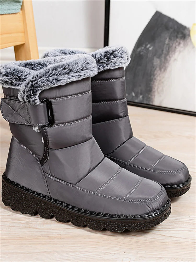 Msfilia Women Autumn Winter Rabbit Fur High Barrel Warm Velcro Waterproof Snow Boots