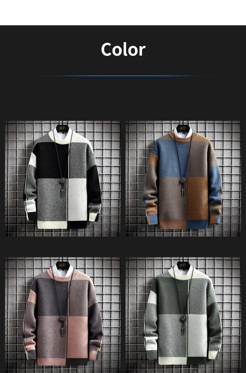 Half High Collar Color Blocking Warm Sweater High Quality Men Spring Autumn Slim Leisure Korean Long Sleeve Loose Knit Pullover