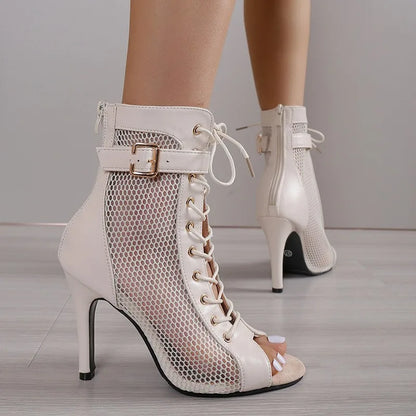 New Women Fashion Show Net Fabric Cross Strap Sexy High Heel Sandals Woman Shoes Pumps Lace-up Peep Toe Sandals Casual Mesh