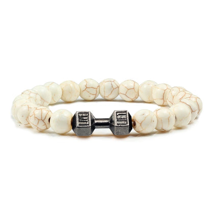 Bracciale in pietra vulcanica naturale da uomo, nero opaco, perline bianche, ciondolo con manubri, braccialetti da donna con bilanciere, gioielli per il fitness