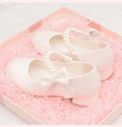 White Bow Spring and Autumn Girls High Heel Princess Shoes Pearl Tide Pumps