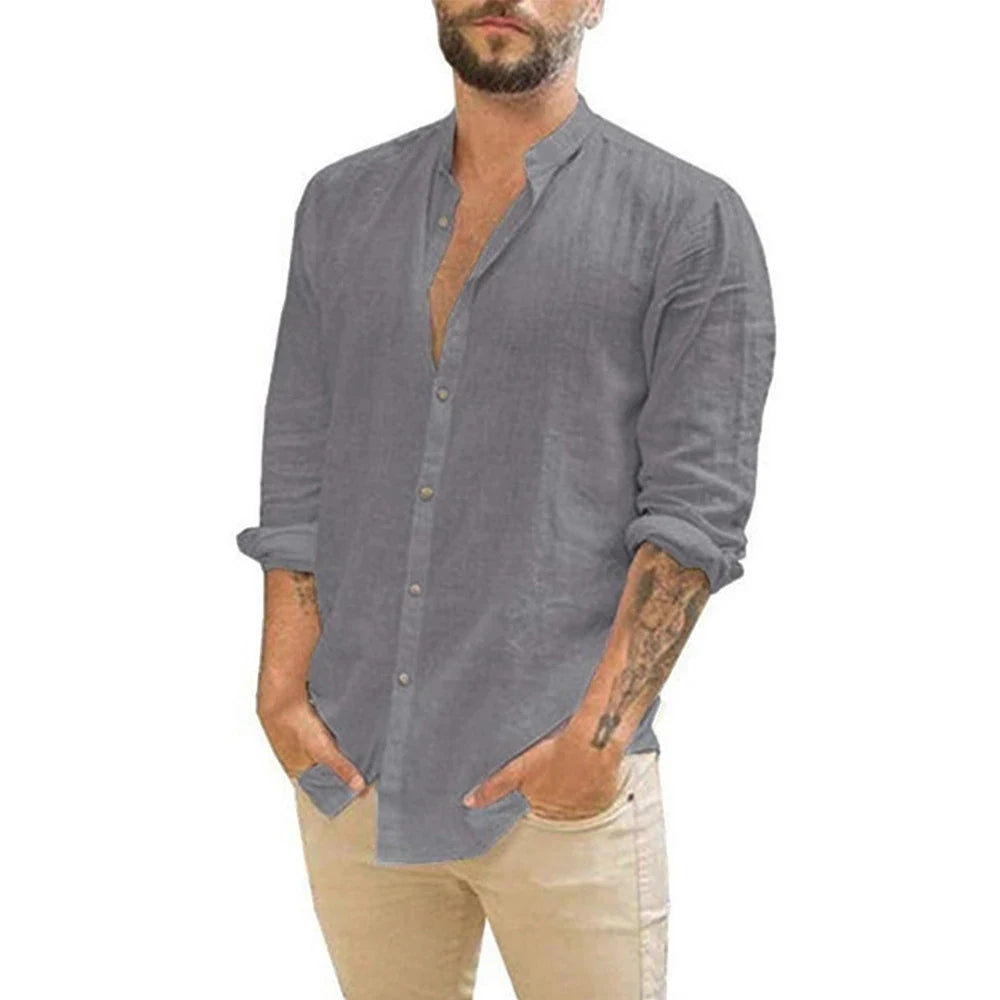 Cotton Linen Hot Sale Men's Long-Sleeved Shirts Summer Solid Color Stand-Up Collar Casual Beach Style Plus Size