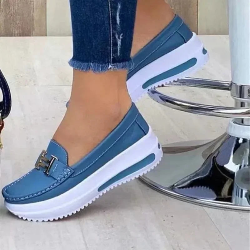 New Women Leather PU Waterproof Fashion Round Toe Sneakers Daily Casual Shallow Mouth Slip-on Walking Female Vulcanized Shoes