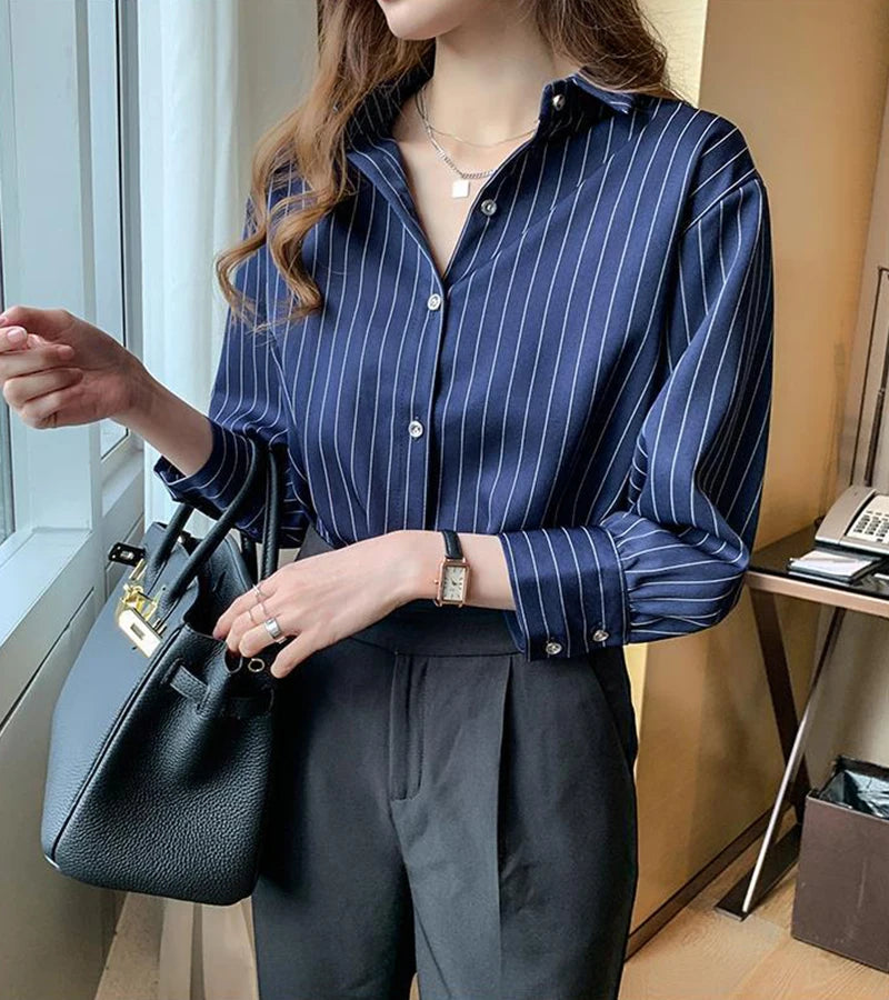 Striped Shirt Women Summer Vintage Chic Loose Long Sleeve Top Y2K Office Ladies Fashion Casual Turn Down Collar All Match Blouse