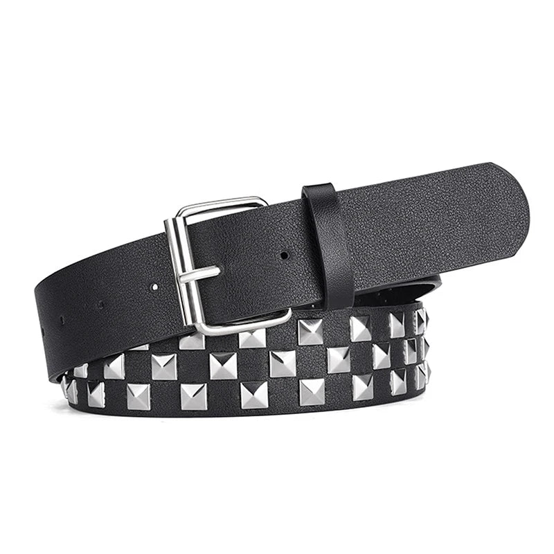 New Personalised Rivets Checkerboard PU Leather Belt 107CM Men And Women Universal Fashion Hip-hop Punk Belt Ins Style