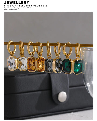 Yhpup Stainless Steel Cubic Zirconia Drop Dangle Charms Trendy Earrings 18k-gold-plated Green Square Geometric Earring Jewelry