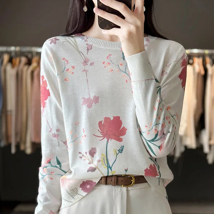 Autumn And Winter New Worsted Wool And Mulberry Silk Printed Round Neck Sweater Fashion Joker Knit Loose Bottoming Shirt Top