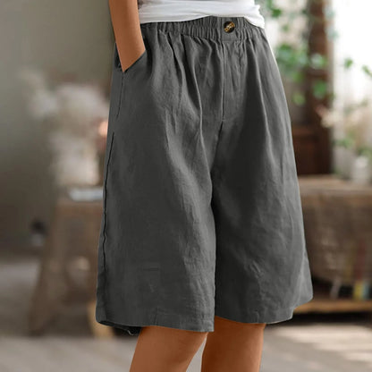 Women's Fashion Solid Color Pants Pocket Button Up Capris Loose Elastic Waist Cotton Linen Shorts