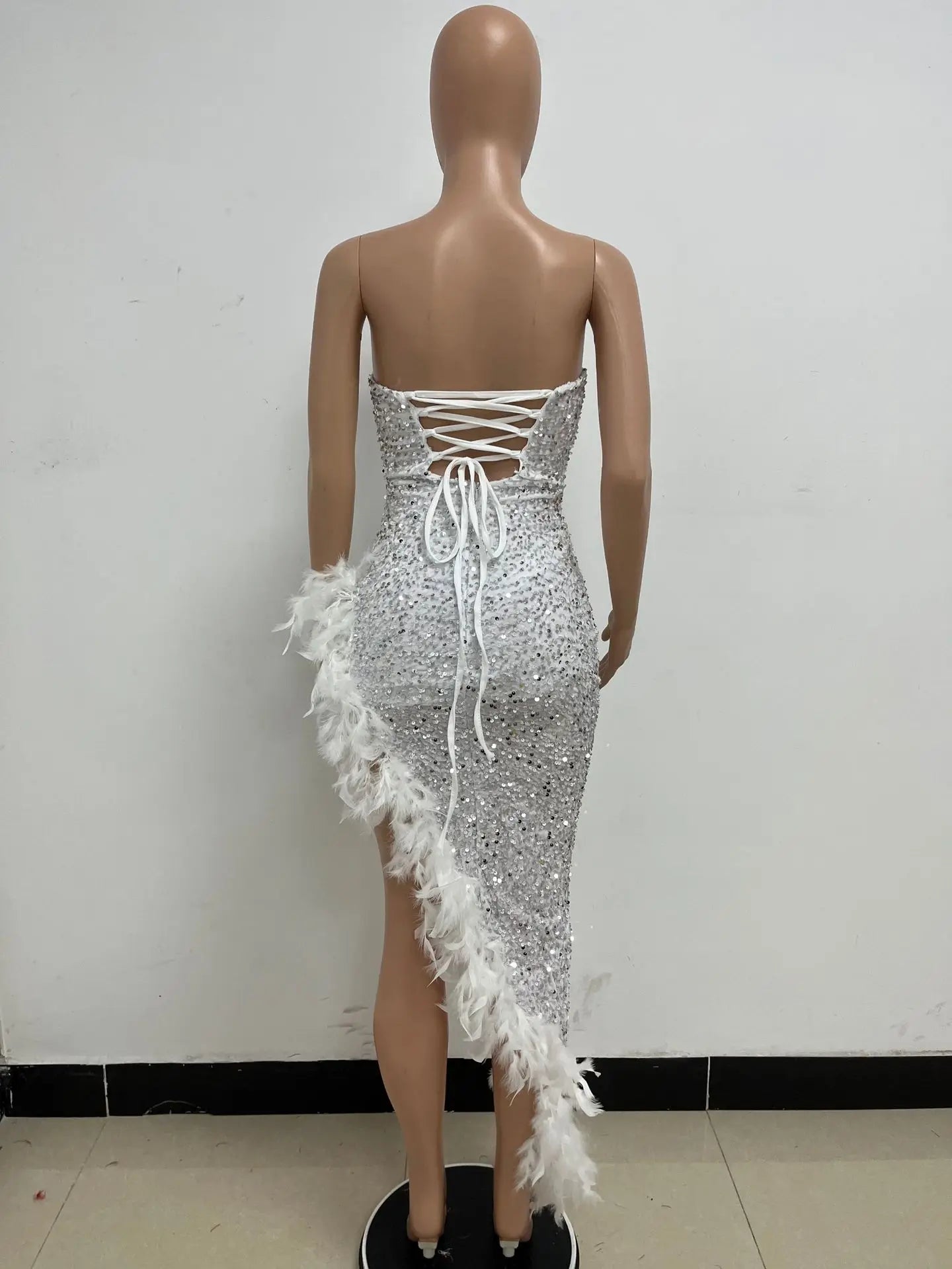 Women Evening Dresses Asymmetrical Shiny Sequins Feather Cocktail Party Dress Sexy Strapless Long Formal Prom Dresses Xiny189