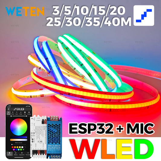 WLED-Controller ESP32 RGBIC COB LED-Lichtstreifen-Band-Kit Sound Reactive Music Sync Funktioniert mit Alexa 24 V 5 10 15 20 25 30 40 M