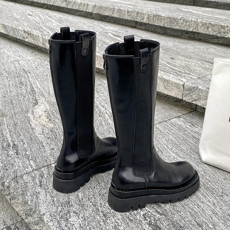 Ladies Shoes 2024 Knee-High Women's Boots Platform Modern Boots Women Sewing Round Toe Back Zip Med Heel Shoes Female Zapatos