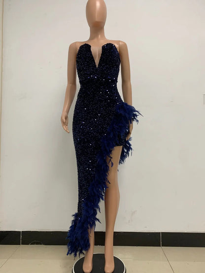 Women Evening Dresses Asymmetrical Shiny Sequins Feather Cocktail Party Dress Sexy Strapless Long Formal Prom Dresses Xiny189