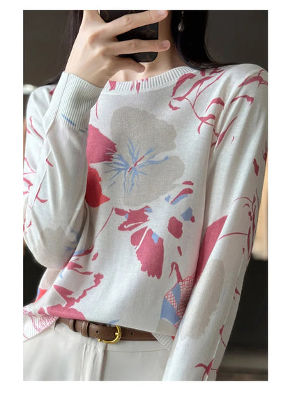 Autumn And Winter New Worsted Wool And Mulberry Silk Printed Round Neck Sweater Fashion Joker Knit Loose Bottoming Shirt Top