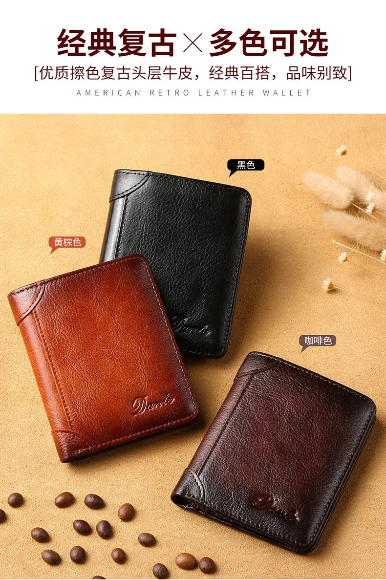 Dante Leather Men's Wallets RFID Anti-theft Brush Degaus Head Layer Cowhide Retro Casual Vertical Money Bag Money Two fold Clips