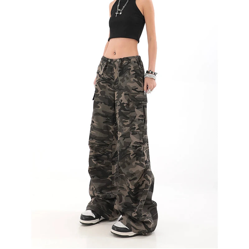 American Retro High Street Casual Overalls Camouflage Loose Wide Leg Pants For Women Y2k Hip-hop Cargo Grunge Baggy Trousers