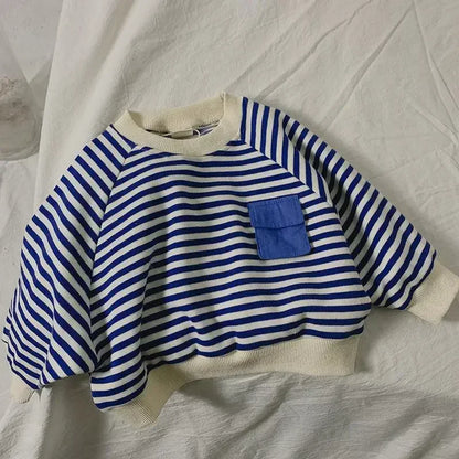 Spring Autumn Stripe Long Sleeves Sweatshirt Kids Boys' Loose Bat Sleeves Tops Girls'  Baby Boy Clothes