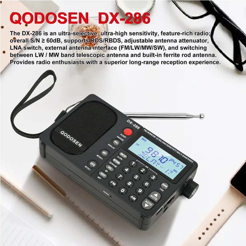 QODOSEN DX-286 Portable Radio AM/FM/LW/SW Digital World Full Band Radio with tef6686 Car Chip