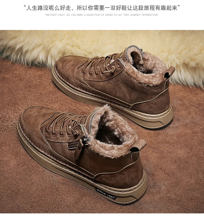 Leather Men's Boots 2023 Winter Platform Warm Fur Ankle Short Lace Up Fashion Novelty Concise Casual Work Shoes Botas 2023