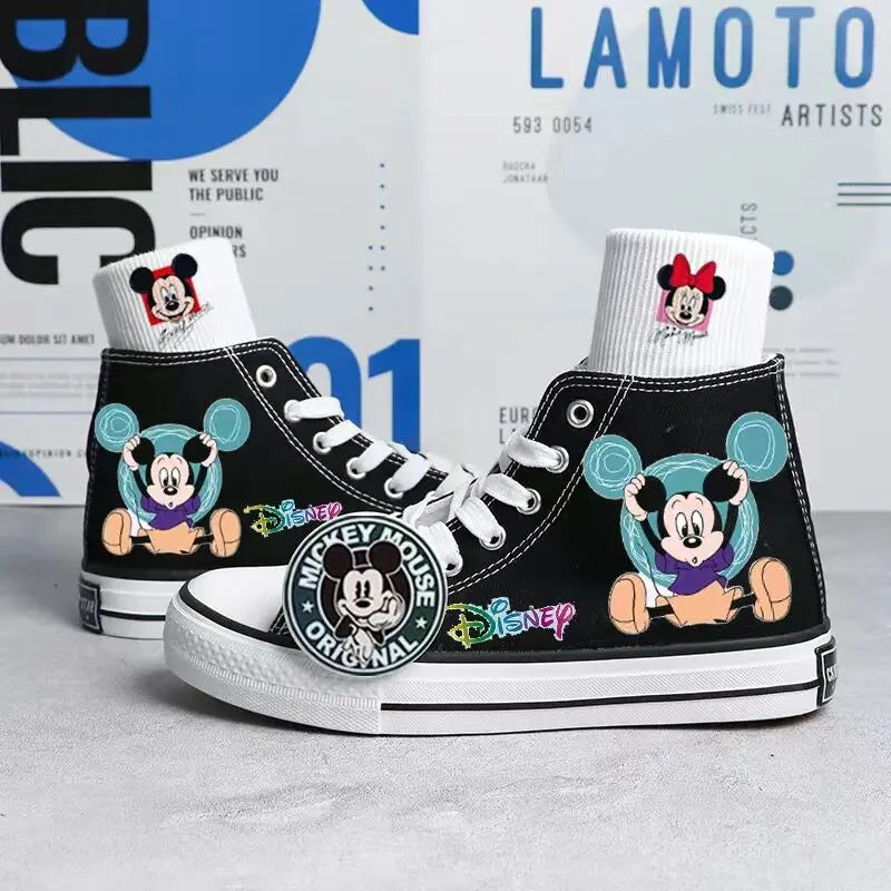 2024 Spring/Summer New Disney Mickey Printed Canvas Shoes for Boys Girls Hand Painted Sneakers Korean High Top Shoes for Women