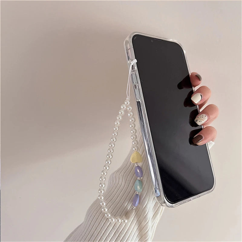 Korea Cute Pearl Heart Bracelet Transparent Phone Case For iPhone 15 14 13 12 11 Pro Max X XR 7 8 Plus SE3 Shockproof Soft Cover