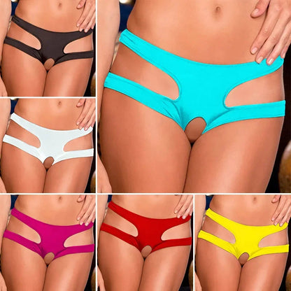 Women Sexy Panties Solid Open Crotch Underpants Female Boxer Crotchless Underwear Lingerie Middle Waist Hollow Briefs Panty