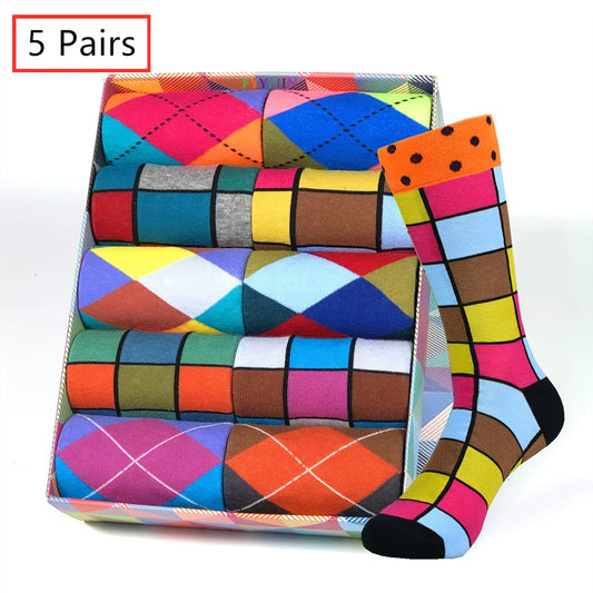 5 Pairs Men Cotton Fashion Color Pattern Happy Unisex Novelty Fun Dress Women Socks