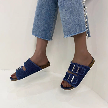 Women's Slippers Flat Bottom Slipper 2023 Summer New Line Slippers Large 43 Denim Leather Buckle Outside Sandals Sandalias