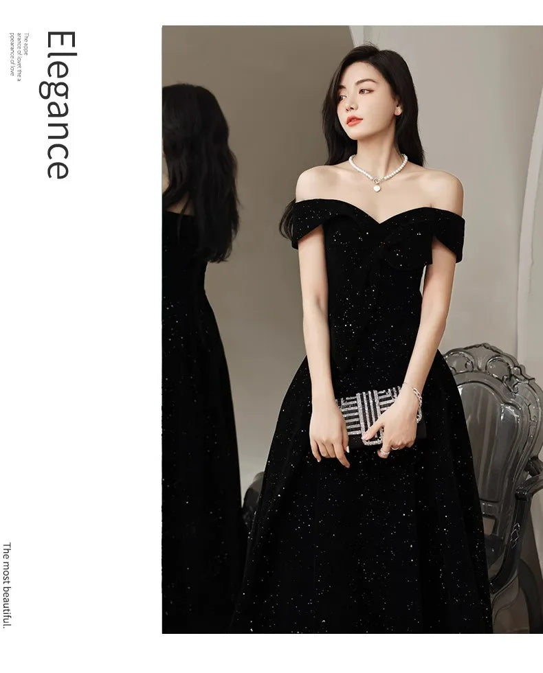 2024 New Arrival Starry Sky Velvet off-Shoulder Black Host Evening Dress Dress Banquet Temperament Winter Long