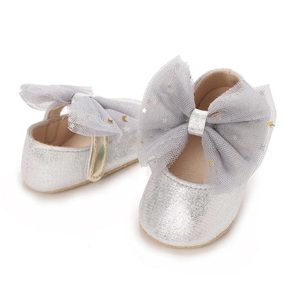 Silver Princess Shoes 0-18M Newborn Casual Shoes Baby Bow Non slip Cloth Bottom Flat Bottom PU Newborn Bow Decoration Mary Janes