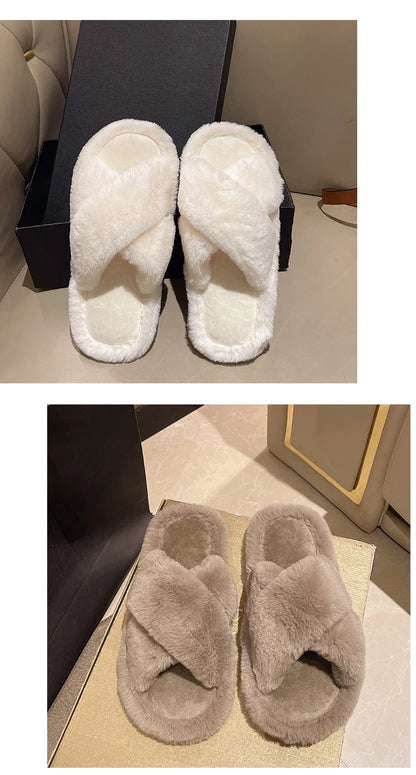 Casual Fluffy Slippers Women House Flats Plush Designer Platform Winter Shoes Girls Elegant Warm Home Fashion Popular Footwear