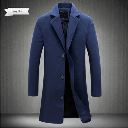 2024 Spring Autumn New Long Cotton Coat New Wool Blend Pure Color Casual Business Fashion Men's Clothing Slim Windbreaker Jacket