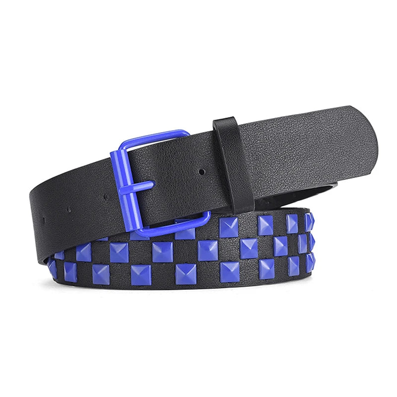 New Personalised Rivets Checkerboard PU Leather Belt 107CM Men And Women Universal Fashion Hip-hop Punk Belt Ins Style