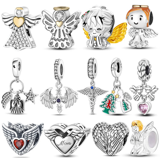 925 Silver Angel Baby Charms Zirconium Heart Shape Angel Wings Dangle Beads Fit Bangle Bracelet Necklace DIY Jewelry Marking