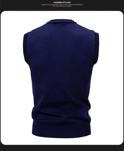 New Knitted Thread Men's Fashion Embroidery Color Matching V-neck Sleeveless Sweater Casual Lining Vest Men's Top